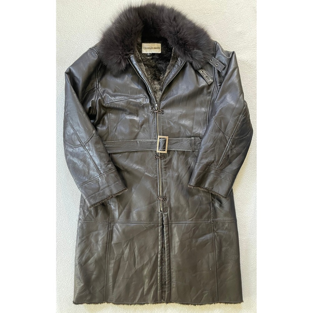 Charles Klein Womens Large Leather Trench Coat Brown Fur Collar Faux Fur Lined